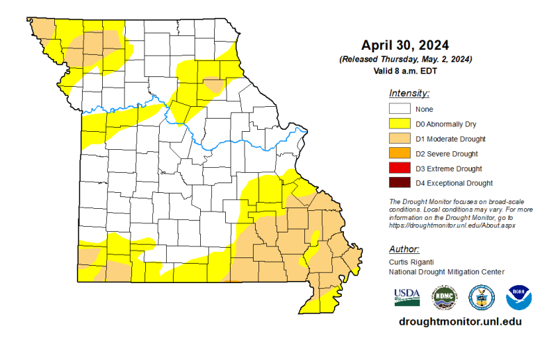 Missouri map with county lines and different colors to indicate the intensity of any drought conditions as of April 30, 2024