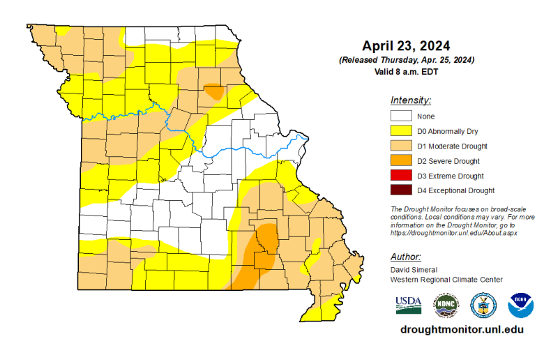 Missouri map with county lines and different colors to indicate the intensity of any drought conditions as of April 23, 2024